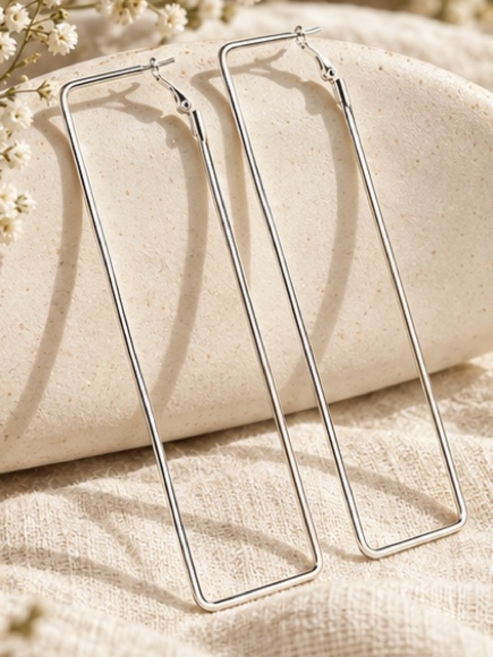 Silver Long Rectangle Hoop Statement Earrings